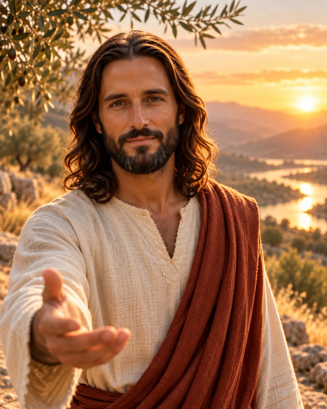 Jesus standing on a sunlit hillside path at golden hour, looking directly at the camera with a warm, welcoming expression