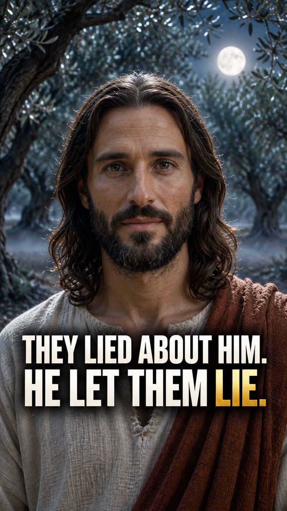 Jesus standing alone in a quiet olive grove at night, moonlight filtering through the branches