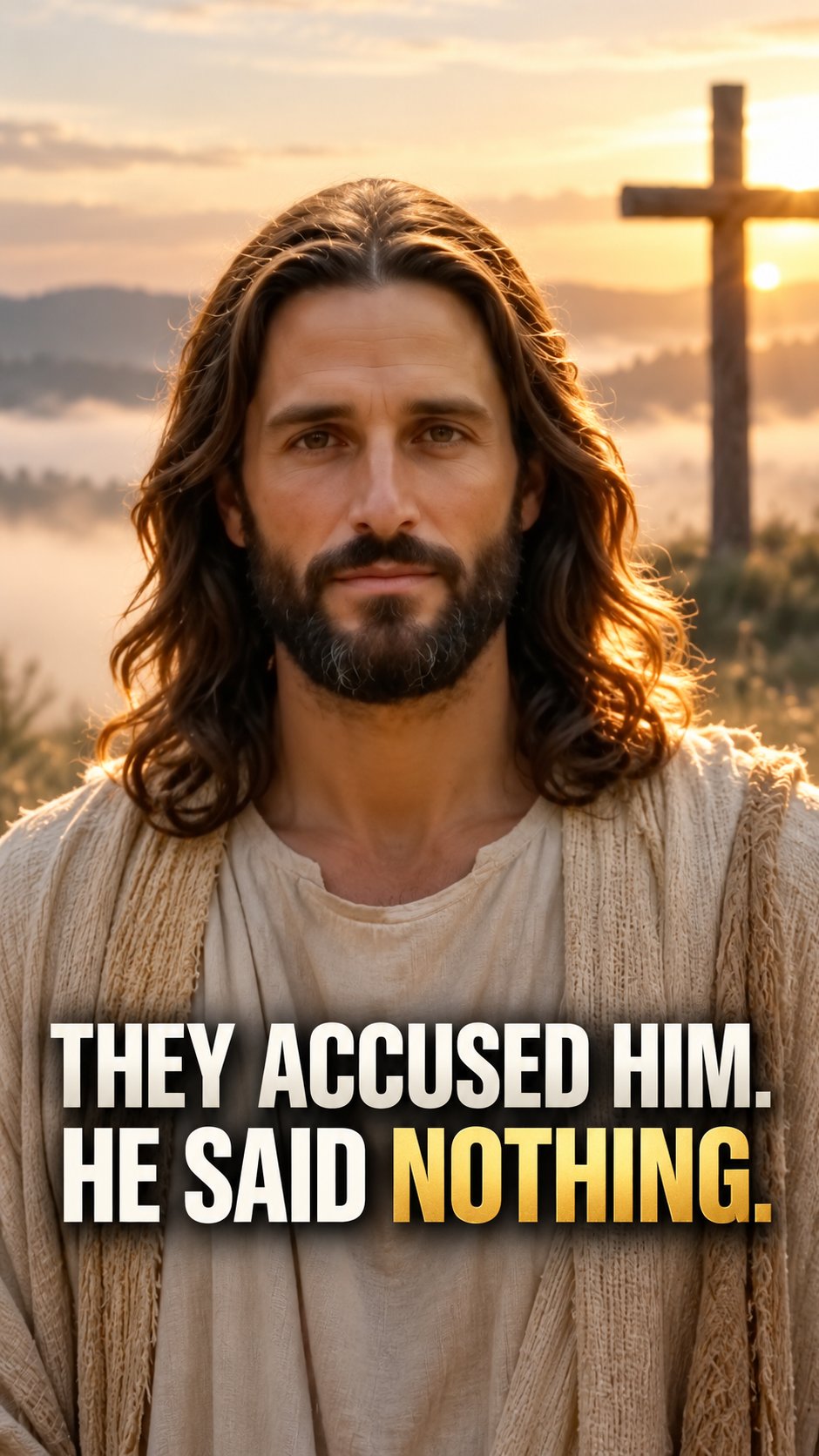 Jesus standing on a misty hilltop at sunrise beside an empty cross