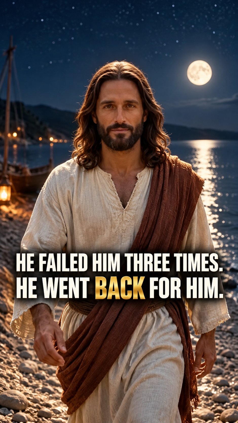 Jesus walking the moonlit shore of the Sea of Galilee at night